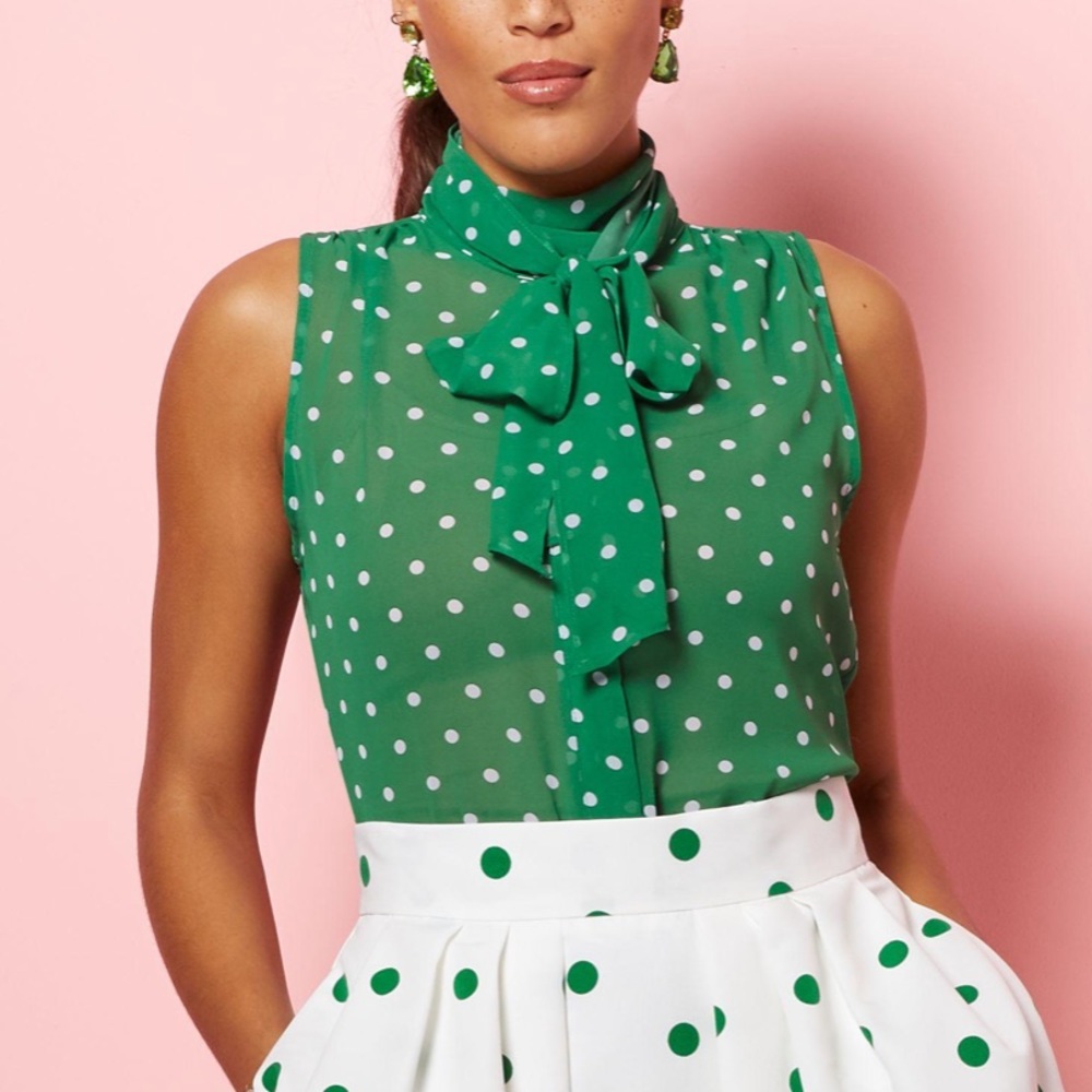 Light green polka dot silk top